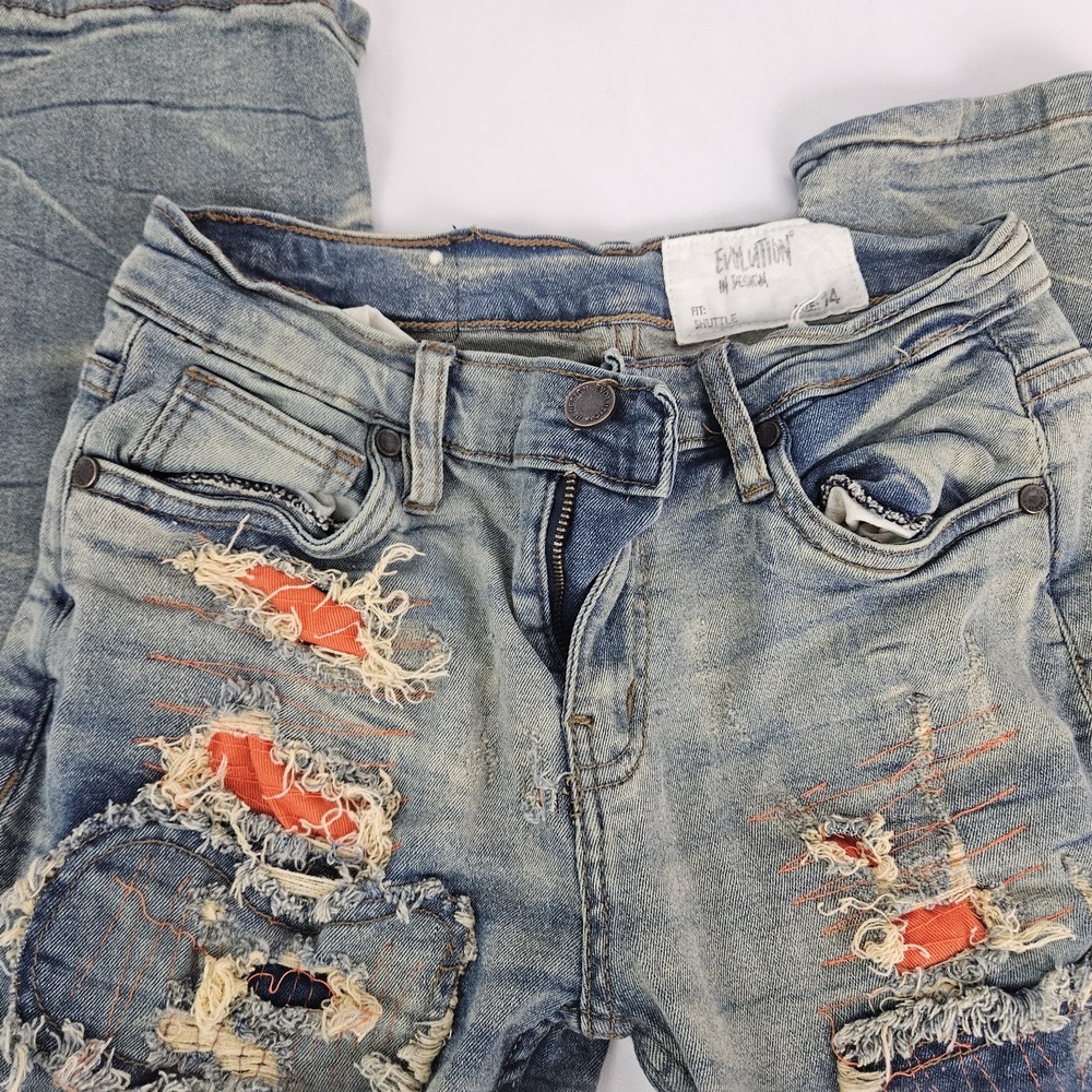 Evolution In Design Stacked Distressed Patchwork Jeans Girls Size 14 Orange Fall - Picture 2 of 6